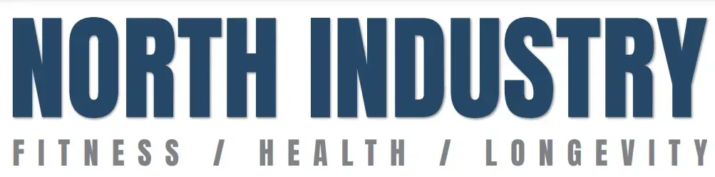 "NORTH INDUSTRY" text logo in dark blue over gray text "FITNESS / HEALTH / LONGEVITY."