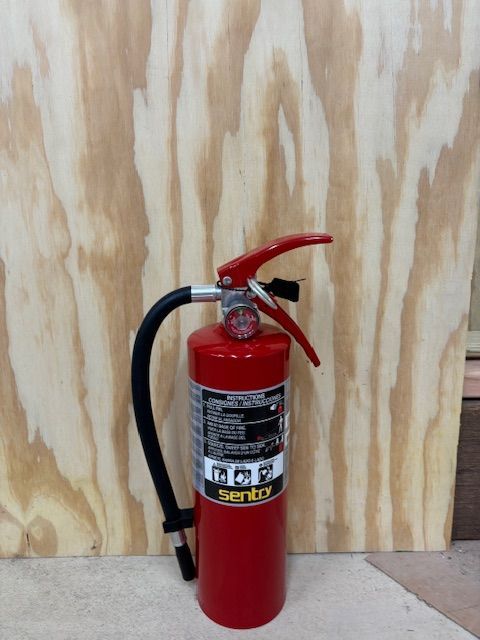 A red fire extinguisher is sitting in front of a wooden wall