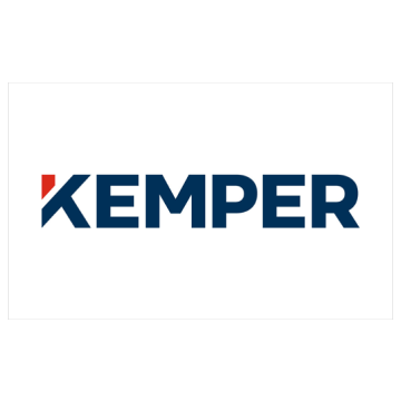A blue and red kemper logo on a white background