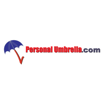 A logo for personal umbrella.com with a blue umbrella