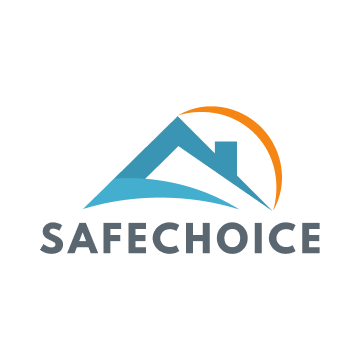 The logo for safechoice is a blue triangle with a house on it.