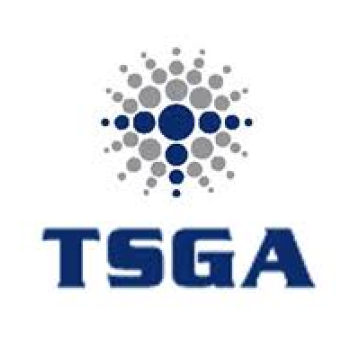The logo for tsga is a blue and gray circle with dots on it.