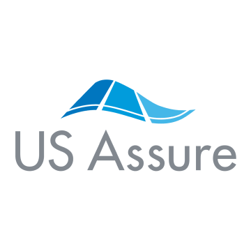 The logo for us assure has a blue wave on it