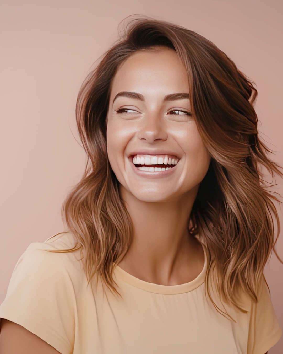 Une personne souriante aux cheveux bruns ondulés, portant une chemise jaune clair sur un fond rose pâle uni.