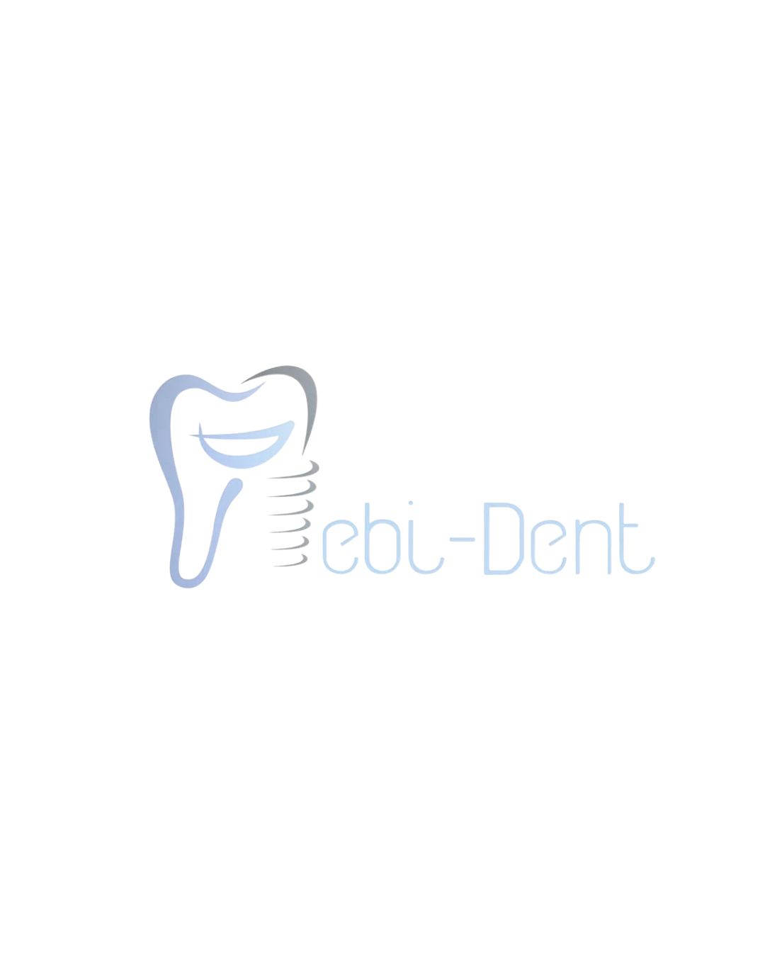 Un logo bleu et gris pour « ebi-Dent » représentant une dent stylisée avec une base d'implant en forme de vis.