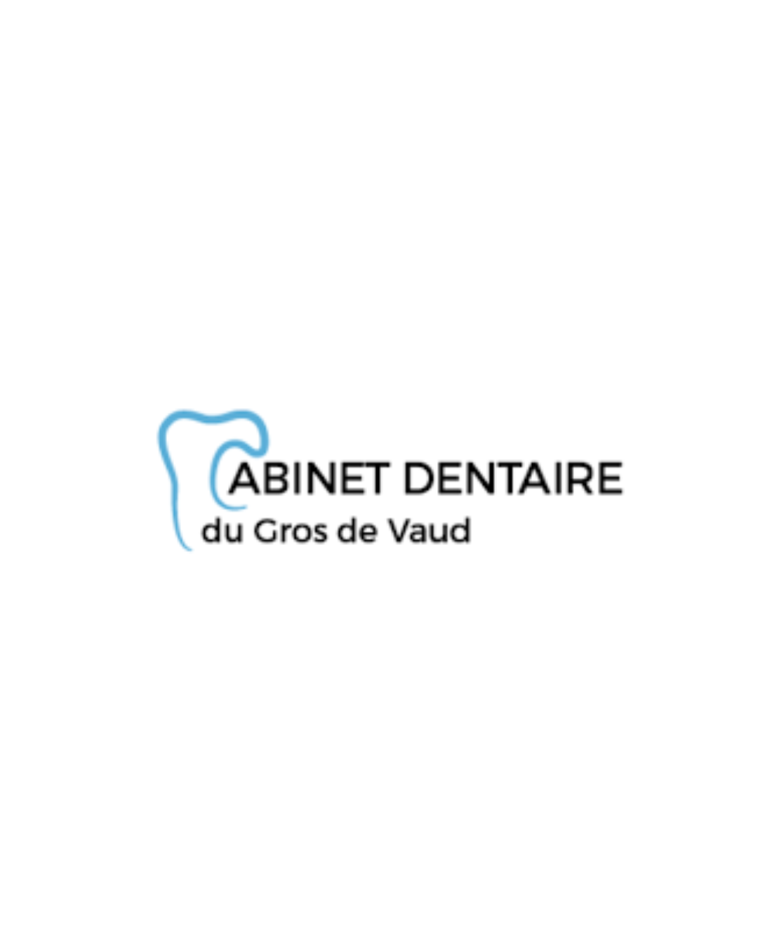 Logo du Cabinet Dentaire du Gros de Vaud, représentant le contour bleu d'une dent et un texte noir sur fond blanc.