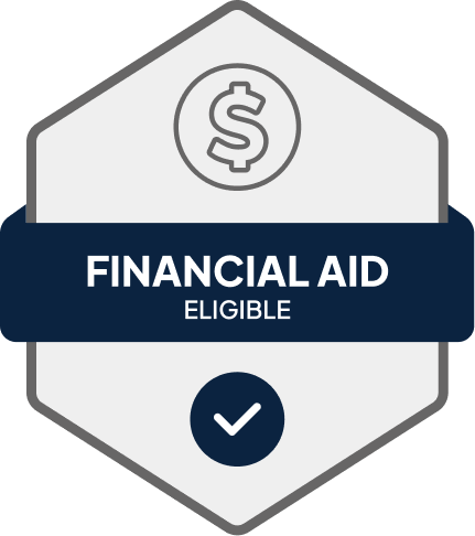 Badge: Financial Aid Eligible, blue banner, building icon, dollar sign.
