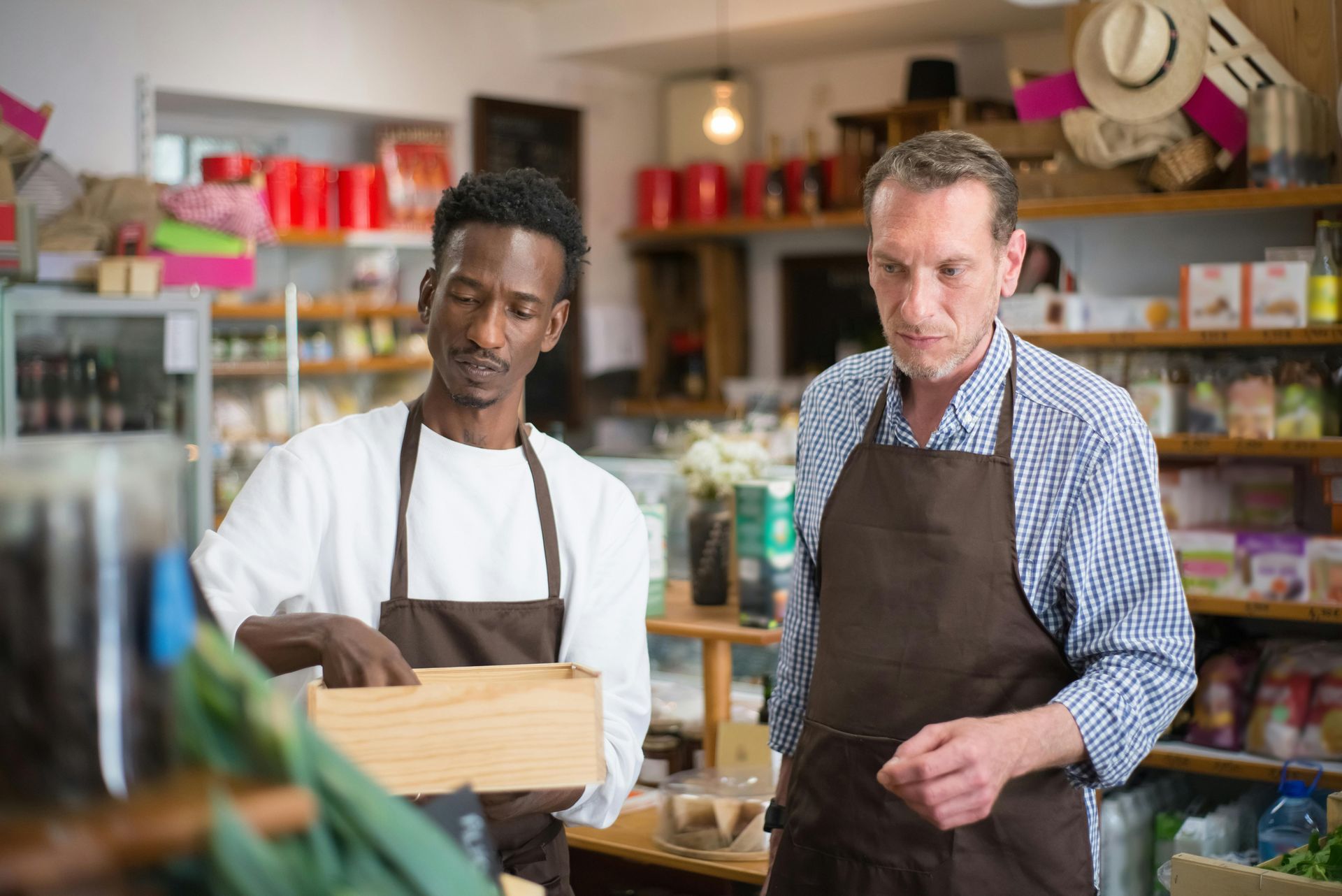 Two men in aprons examining a wooden box inside a small grocery shop