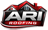 A logo for ARI Roofing featuring the text "ARI" in metallic silver, with "ROOFING" below and a red roof illustration above.