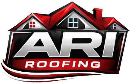 ARI Roofing logo featuring a stylized house with a red roof above bold metallic lettering on a dark red background.