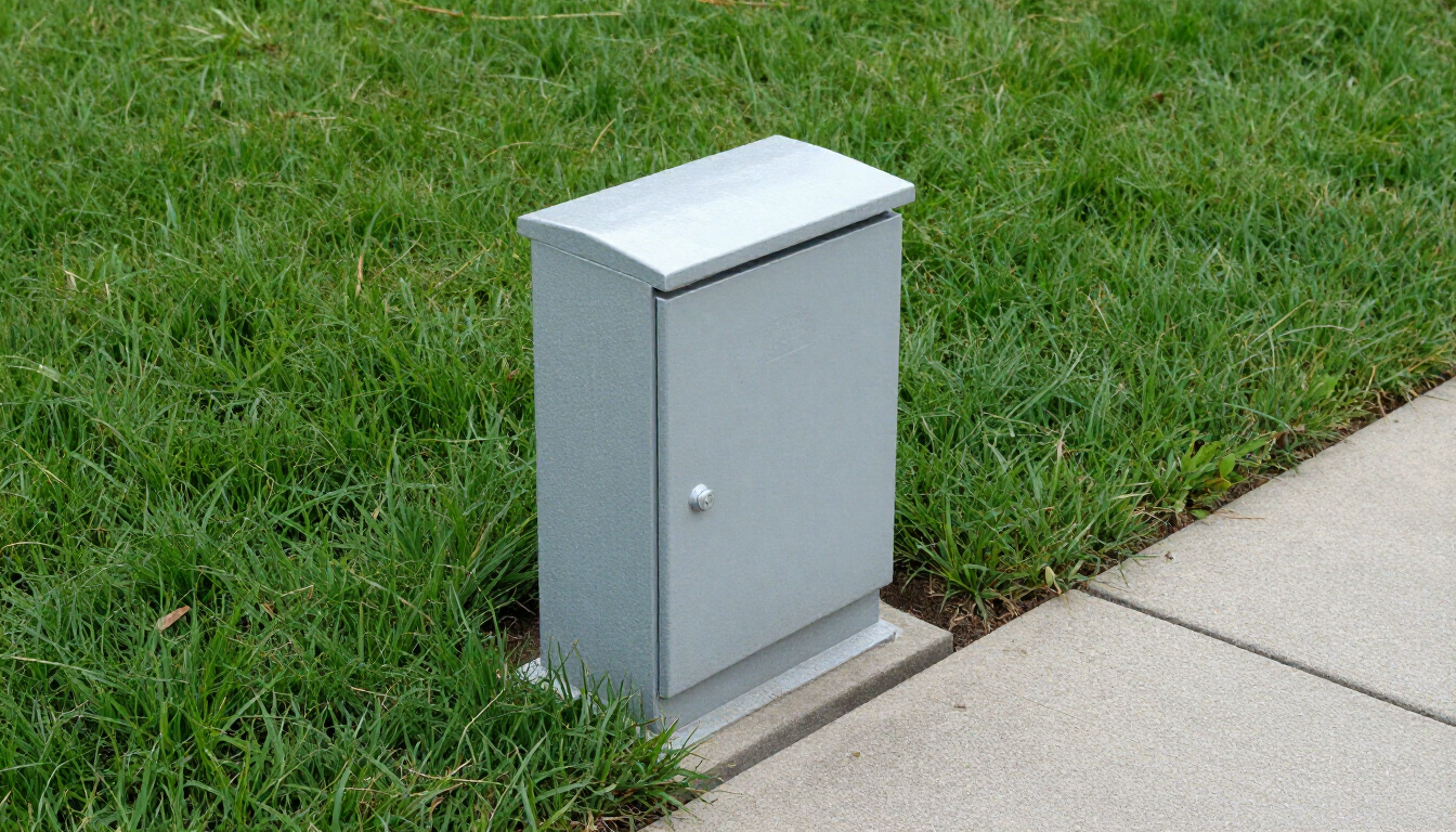 A residential water meter box located in a yard near the street.
