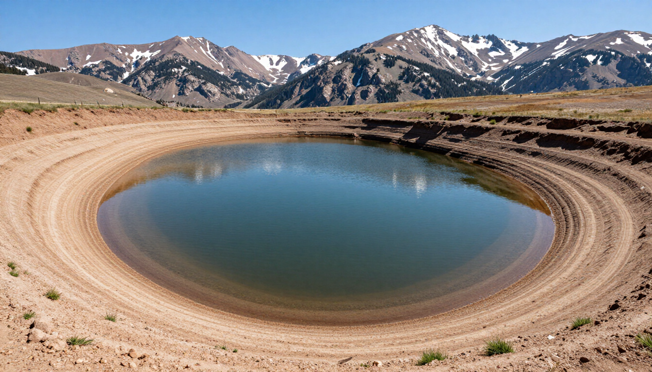 Large engineered retention pond in a Western Colorado landscape.