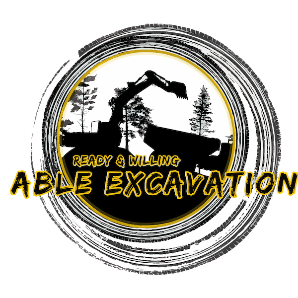 Circular logo for Able Excavation showing a black silhouette of an excavator and trees, with yellow text on a white ground.