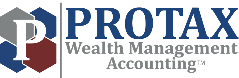 Logo for Protax, with blue and grey geometric shapes around a white