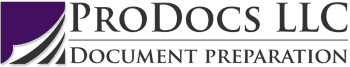 Logo for ProDocs LLC, a document preparation service, featuring a purple corner and text in black.