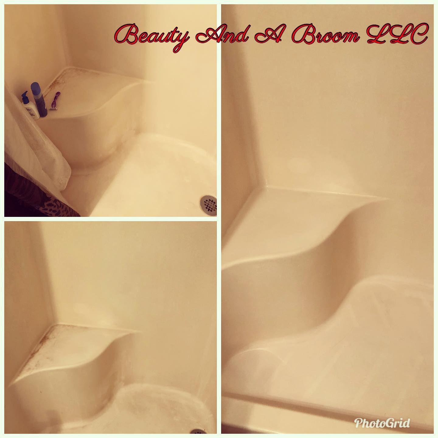 A collage showing a beige shower stall before and after cleaning, featuring a built-in seat and a clean, bright finish.