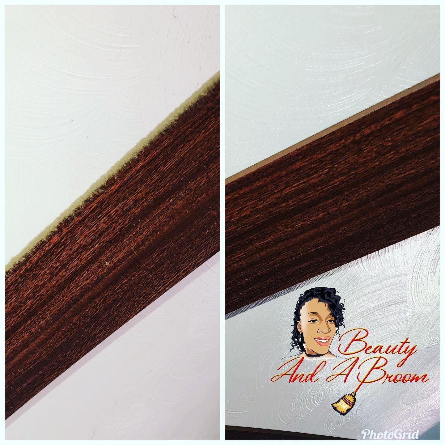 A side-by-side comparison of a wood-grain surface transition, featuring a 