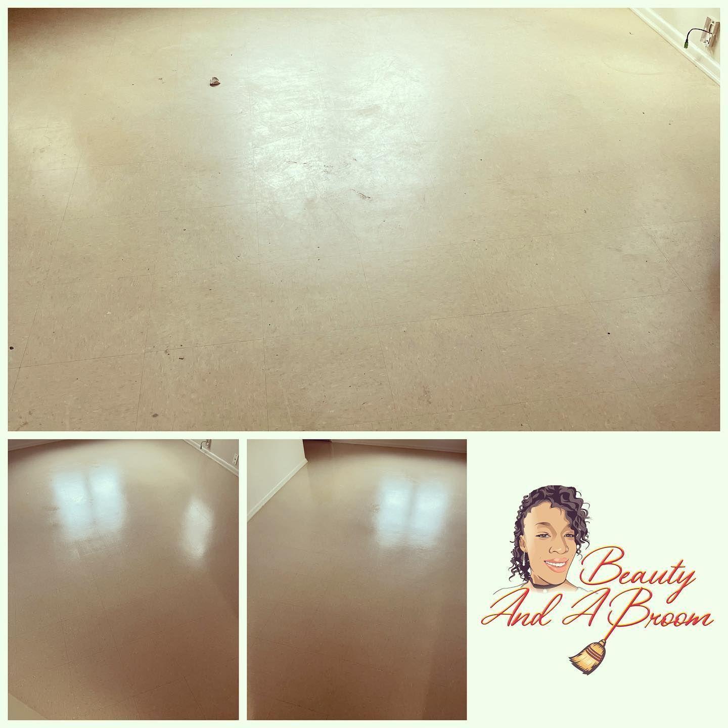 Before and after photos of a freshly cleaned and polished floor, featuring a 
