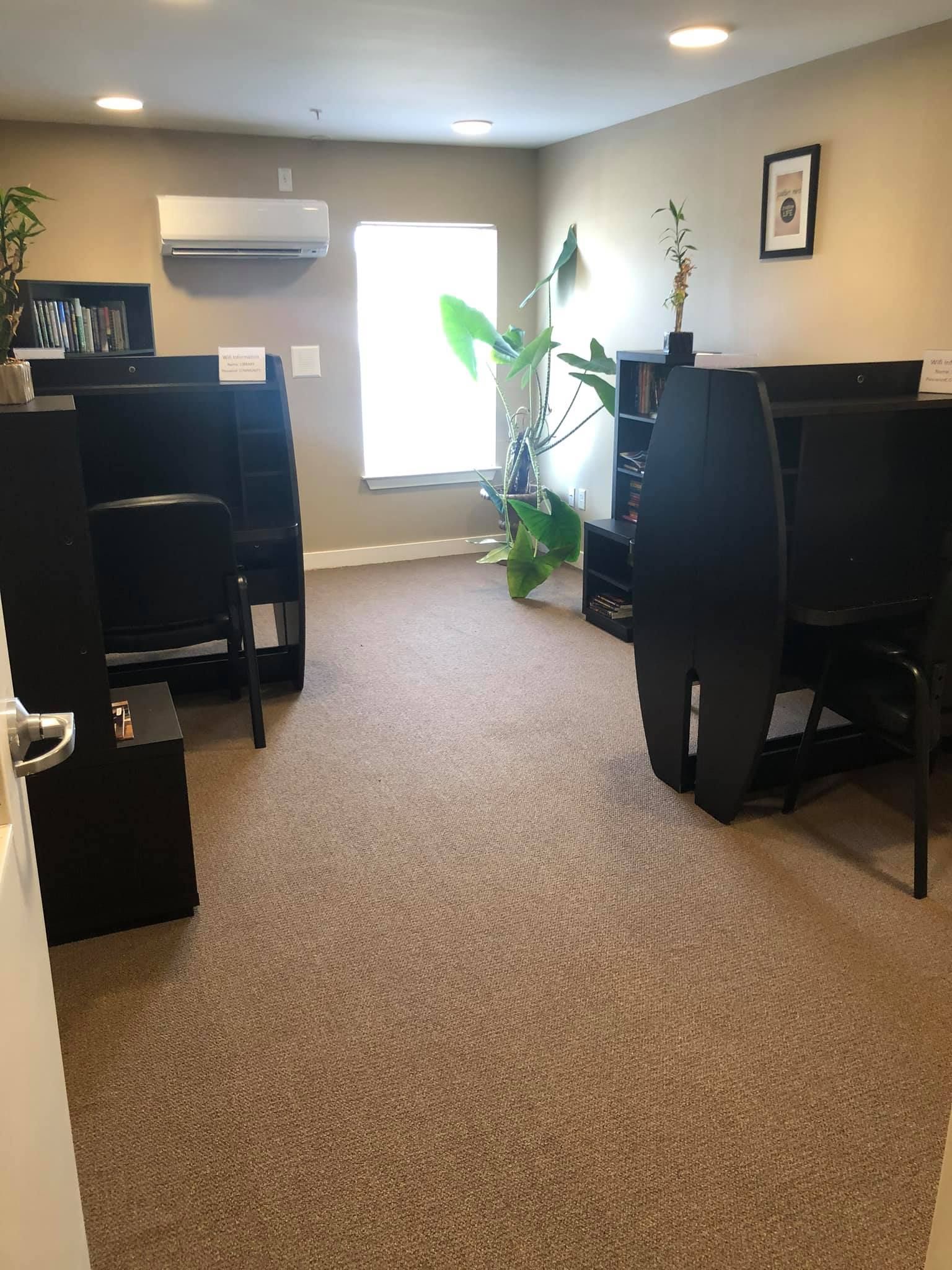 A small, tan office with two black cubicle workstations, a window in the center, and a large plant in the corner.