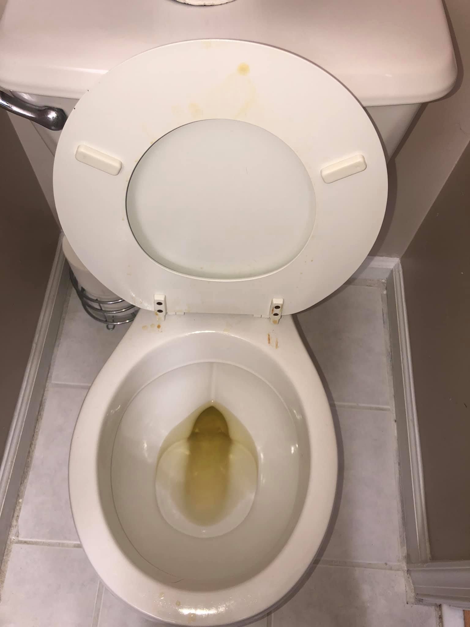 A top-down view of an off-white toilet with a raised seat, showing stained water in the bowl and stains on the lid.