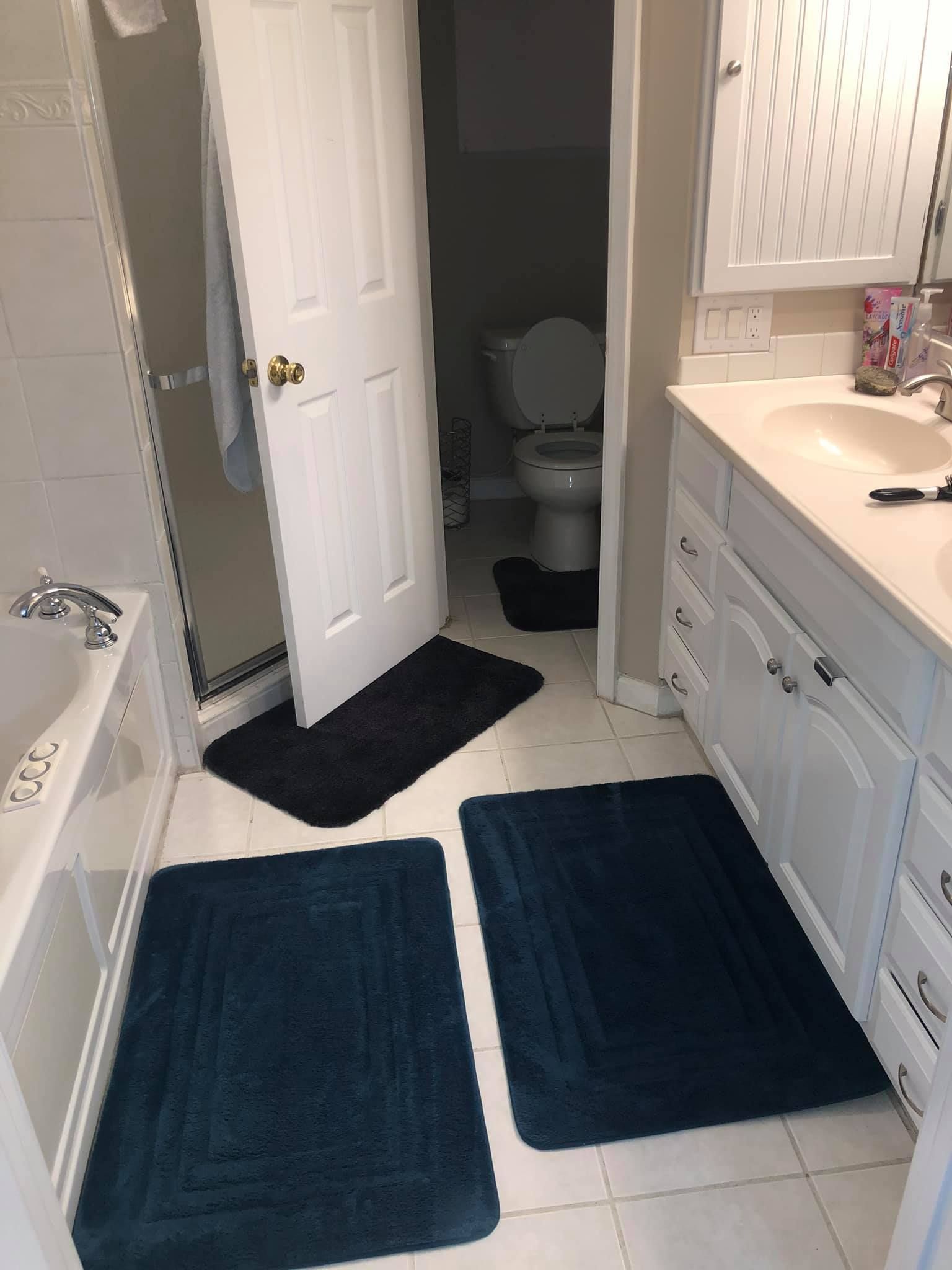 A bright bathroom featuring a white vanity, a bathtub, and dark blue bath mats, with an open door leading to a toilet.