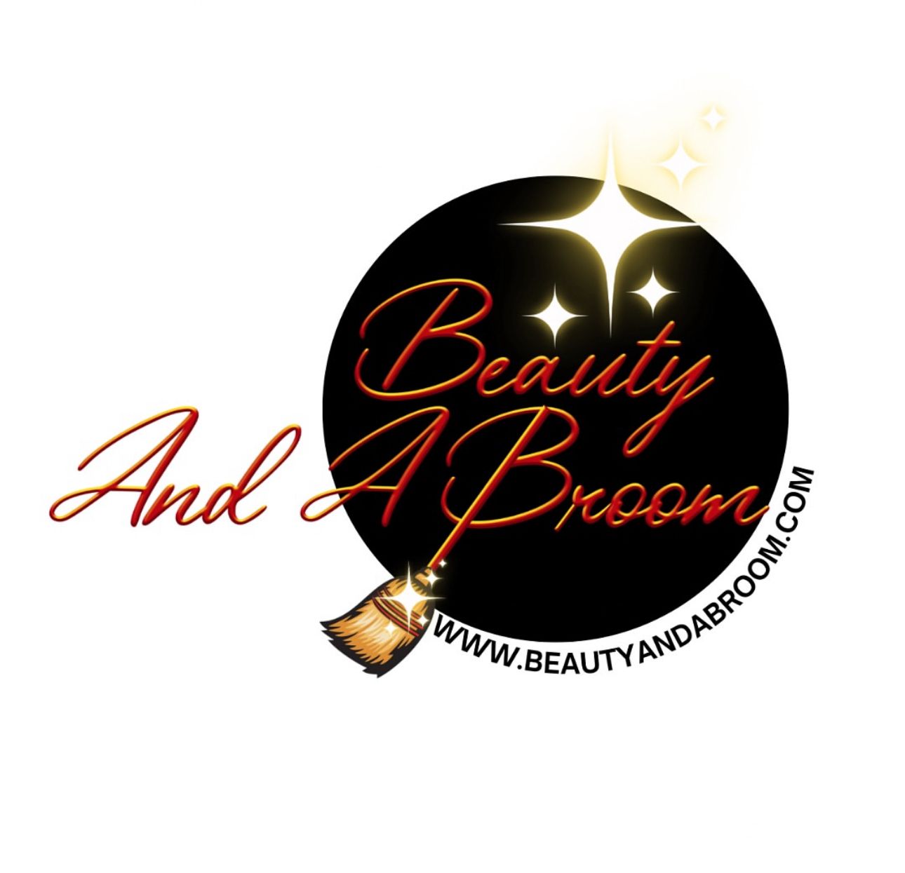 Logo featuring red cursive text "Beauty And A Broom," a broom illustration, stars, and the website URL in a black circle.