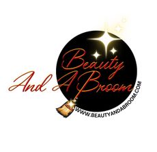 Logo featuring red cursive text "Beauty And A Broom," a broom illustration, stars, and the website URL in a black circle.