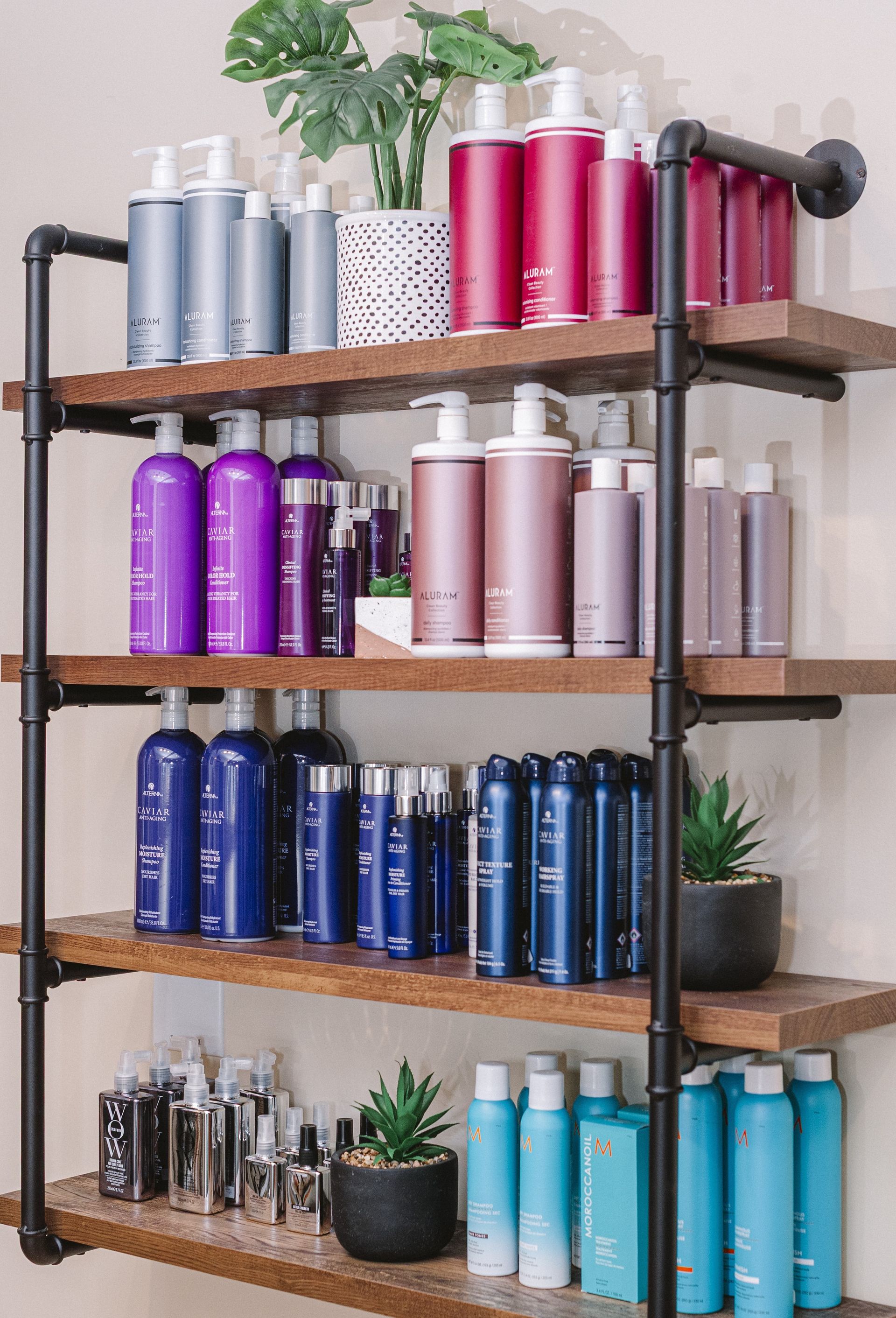 A shelf filled with lots of bottles of hair products.