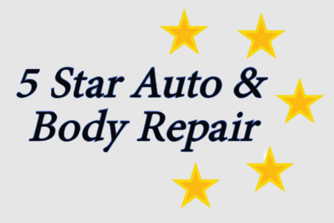 Logo for 5 Star Auto & Body Repair with text and yellow stars.