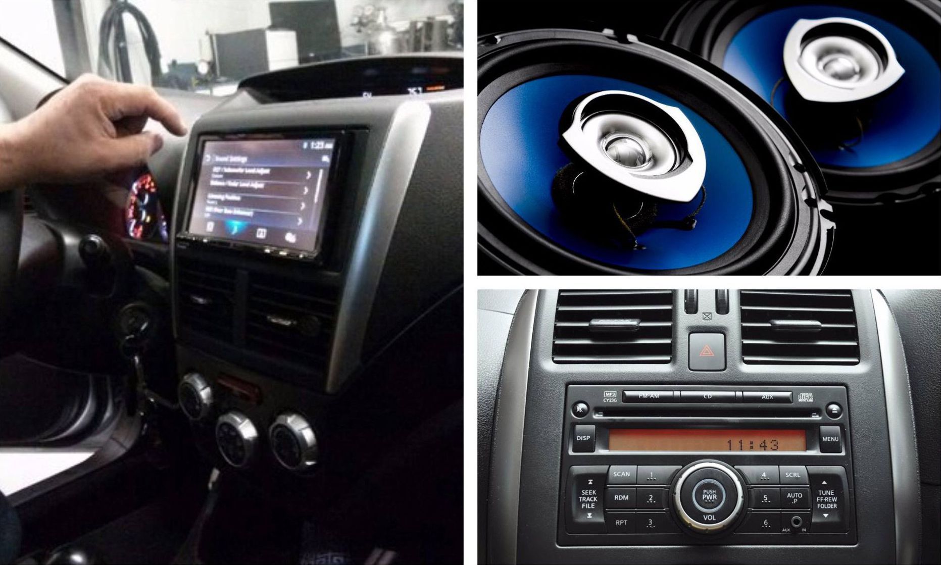 A collage of pictures of a car dashboard including speakers and a radio