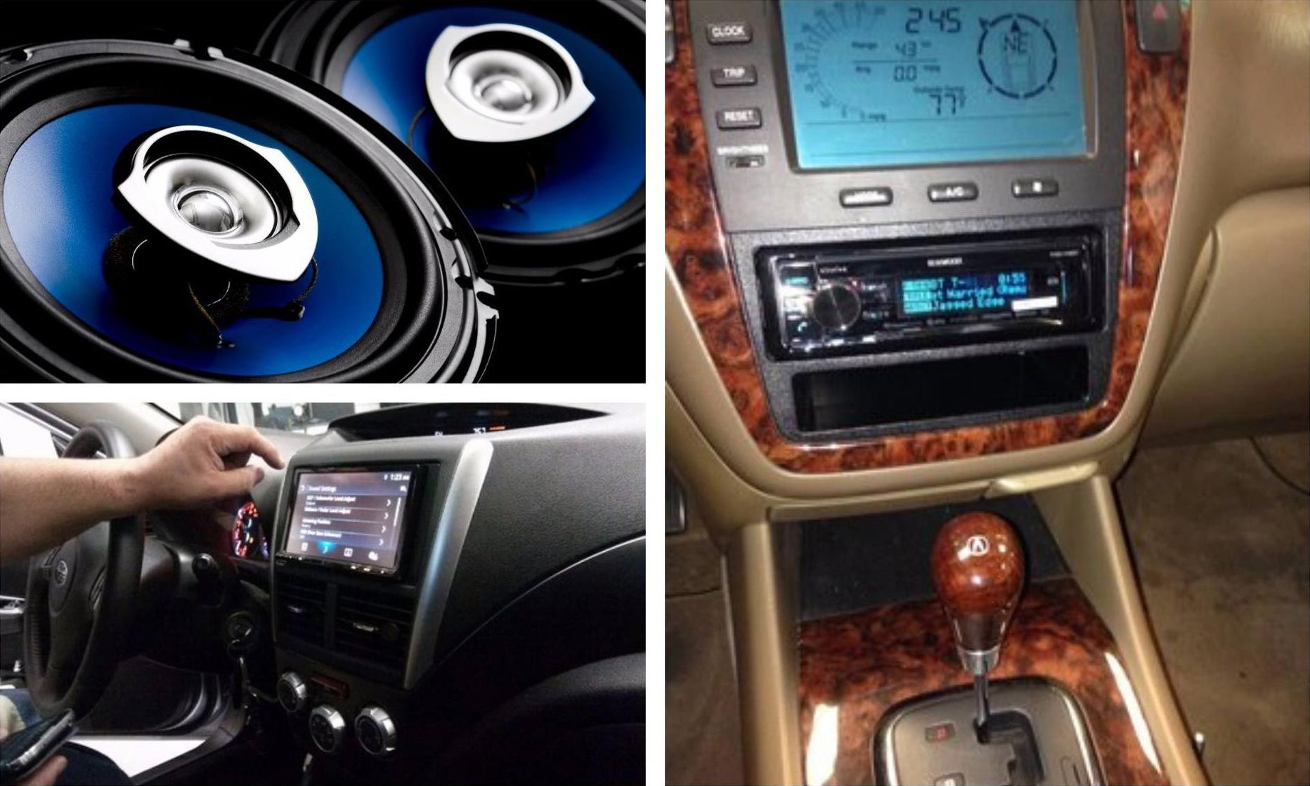 A collage of pictures shows a car stereo and speakers