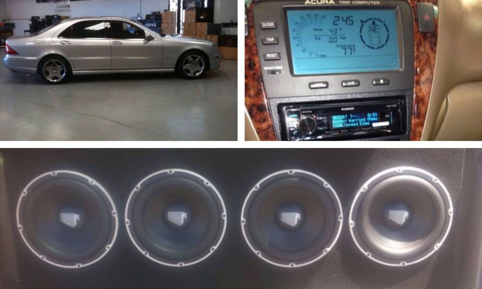 A collage of pictures shows a car a clock and speakers