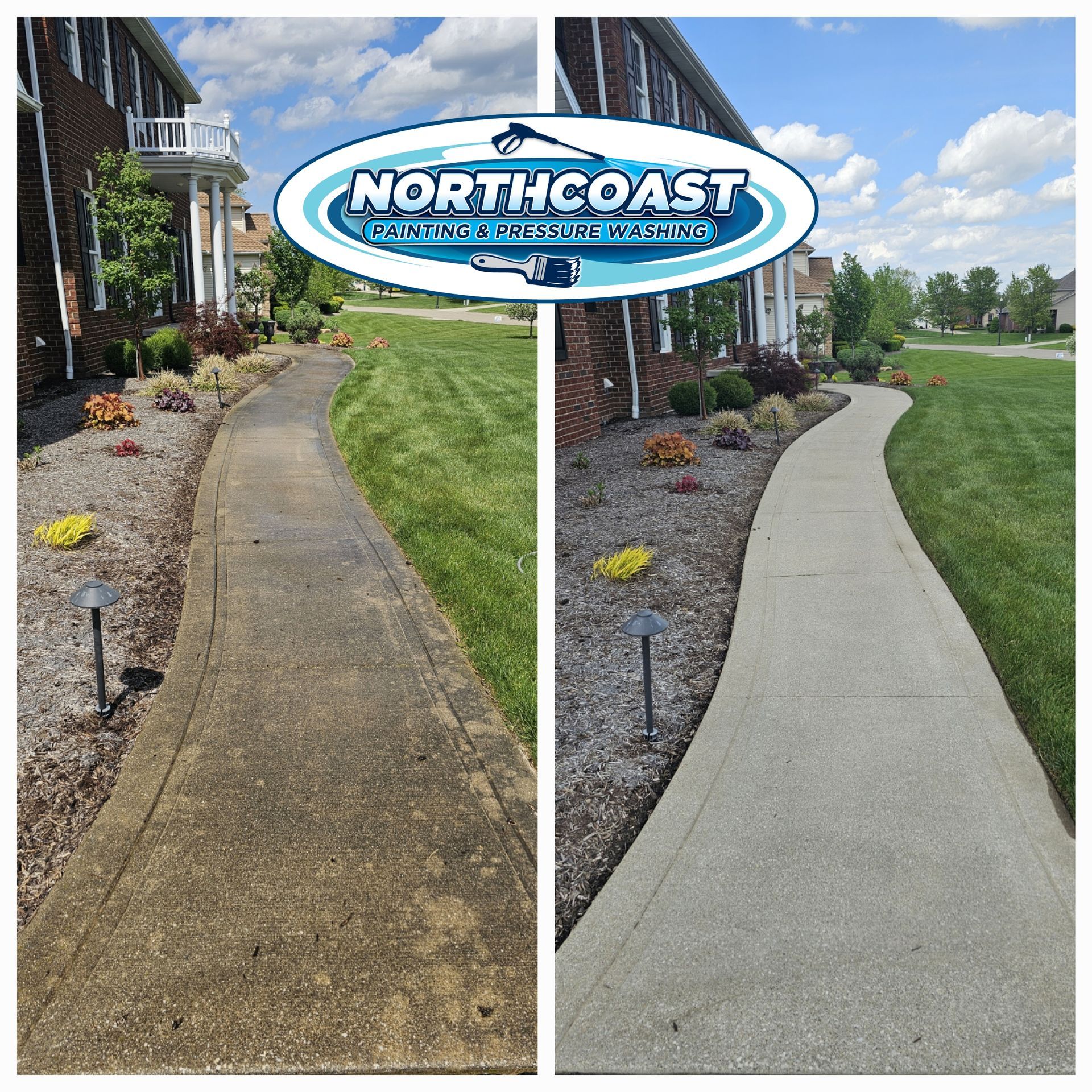 Before and after sidewalk pressure washing