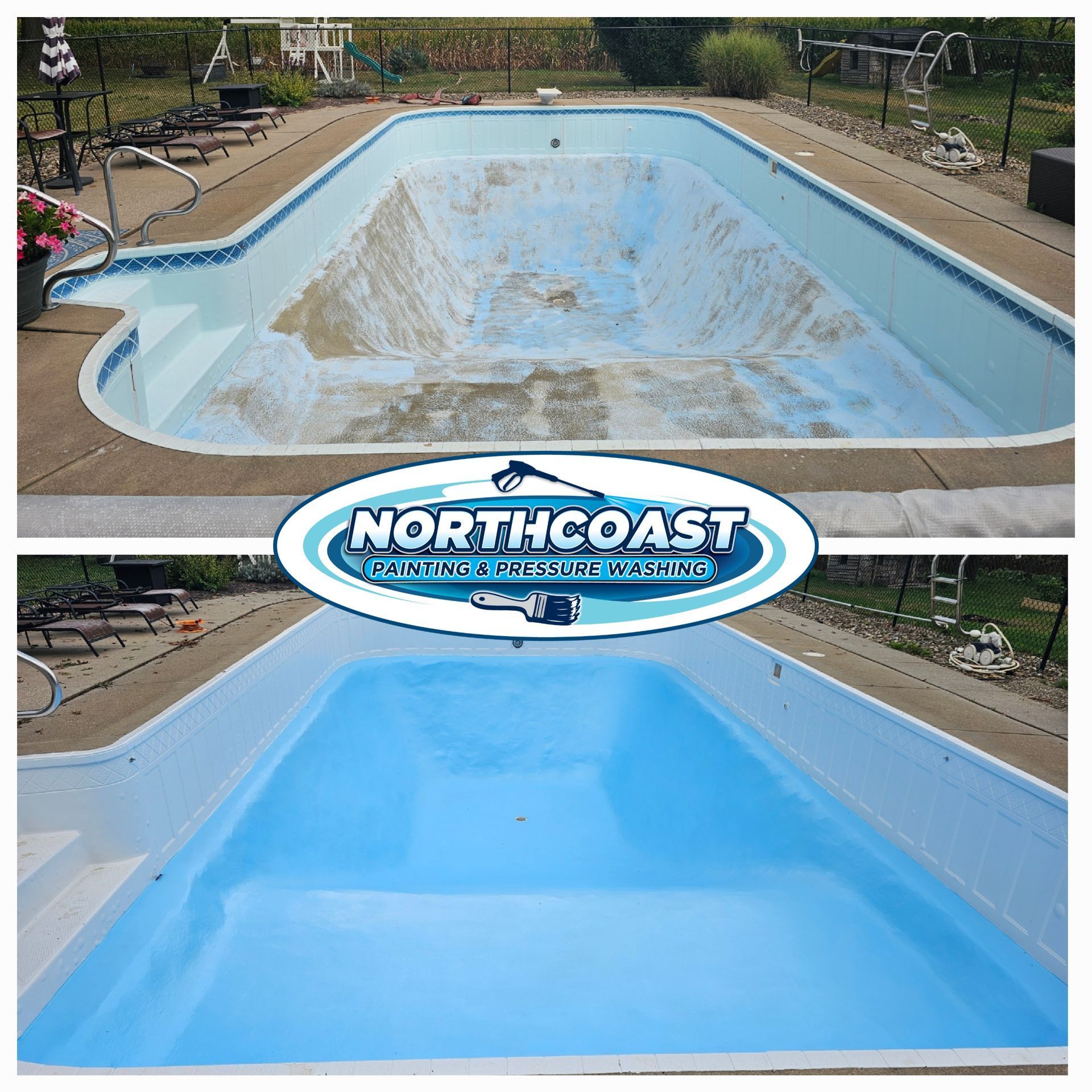 Swimming pool painting before and after by NORTHCOAST Painting and Pressure Washing — pool resurfacing in Northeast Ohio