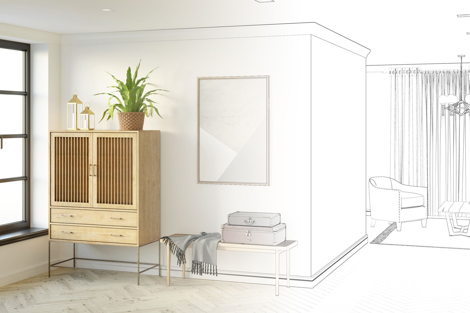 Un disegno di un soggiorno con un mobile in legno e un quadro sulla parete.