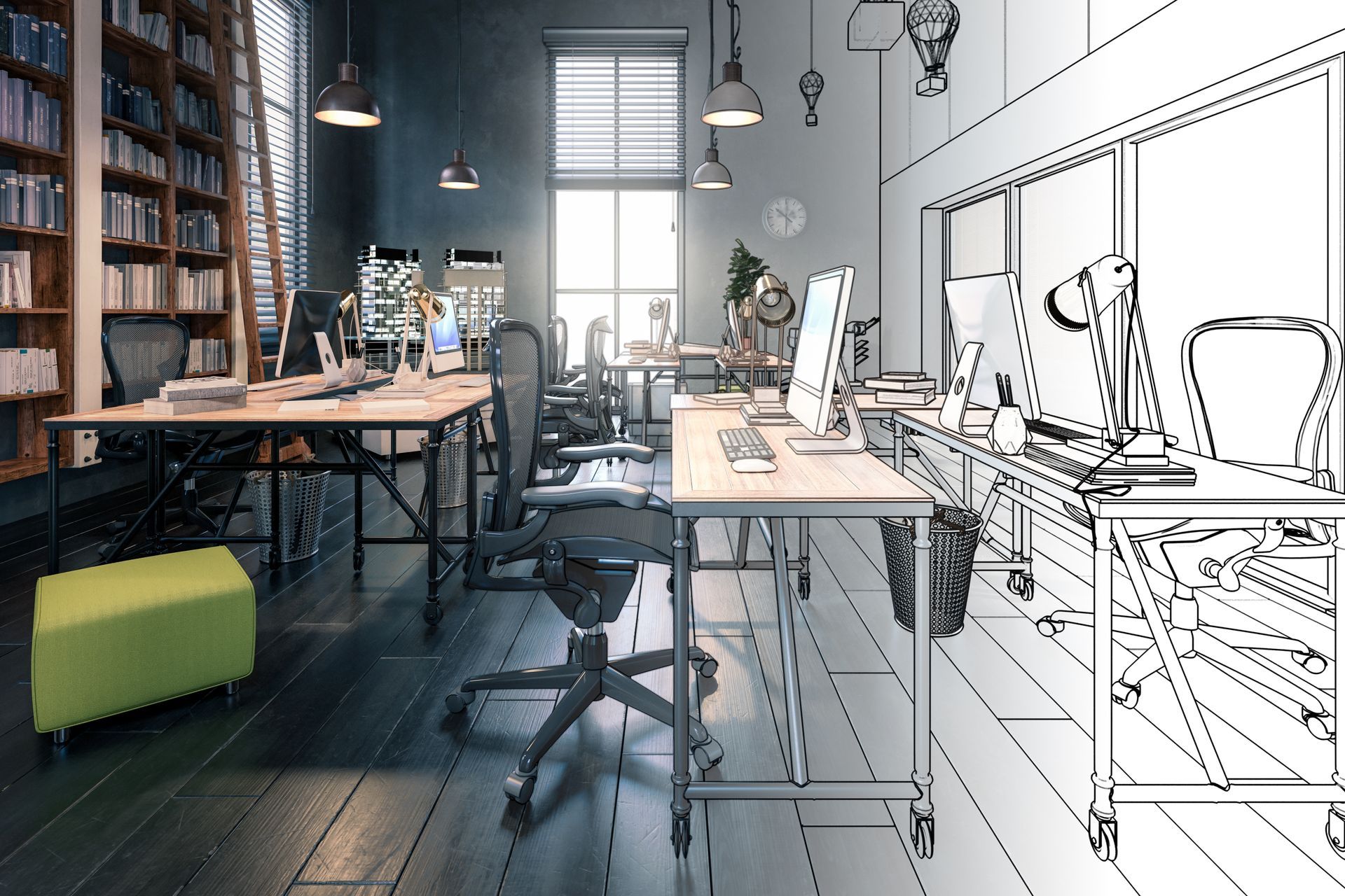 Un disegno in bianco e nero di un soggiorno con un divano e una televisione.