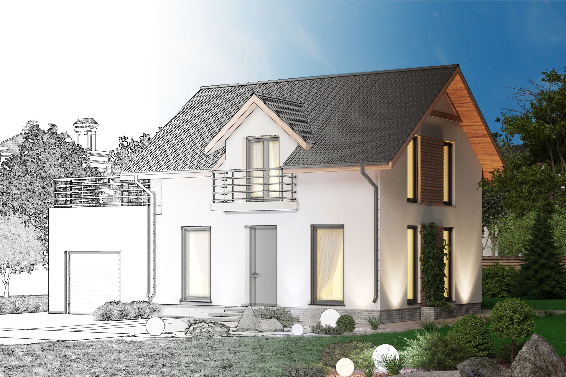 Un disegno in bianco e nero di una casa prima e dopo la costruzione.
