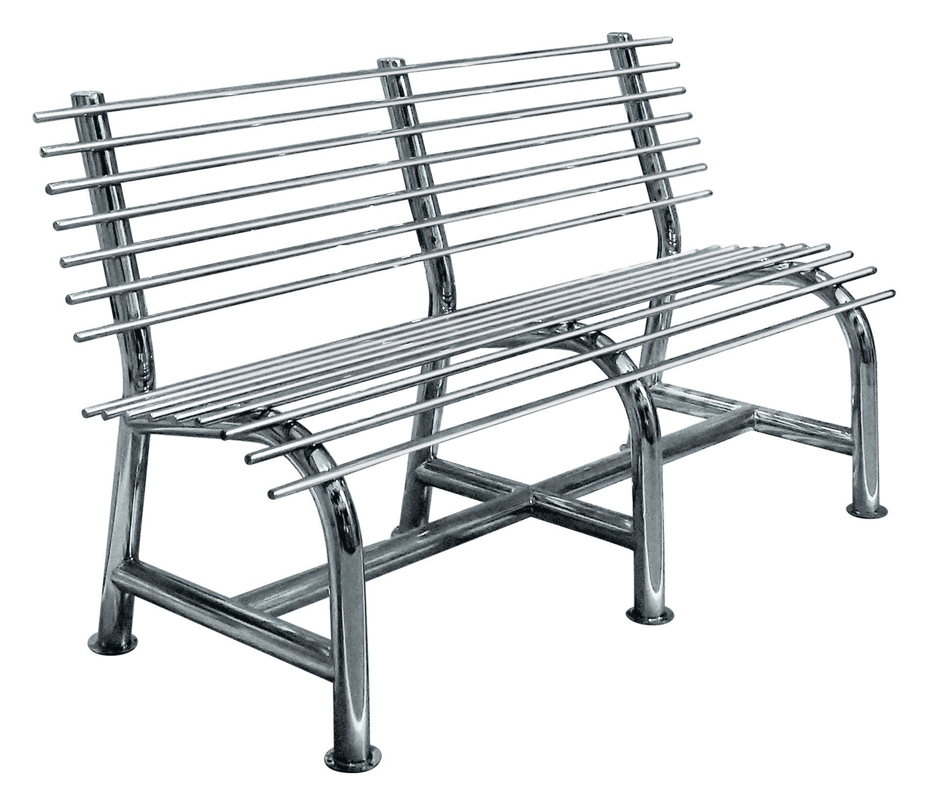 Una panca in acciaio inossidabile con sedile e schienale in metallo su sfondo bianco.