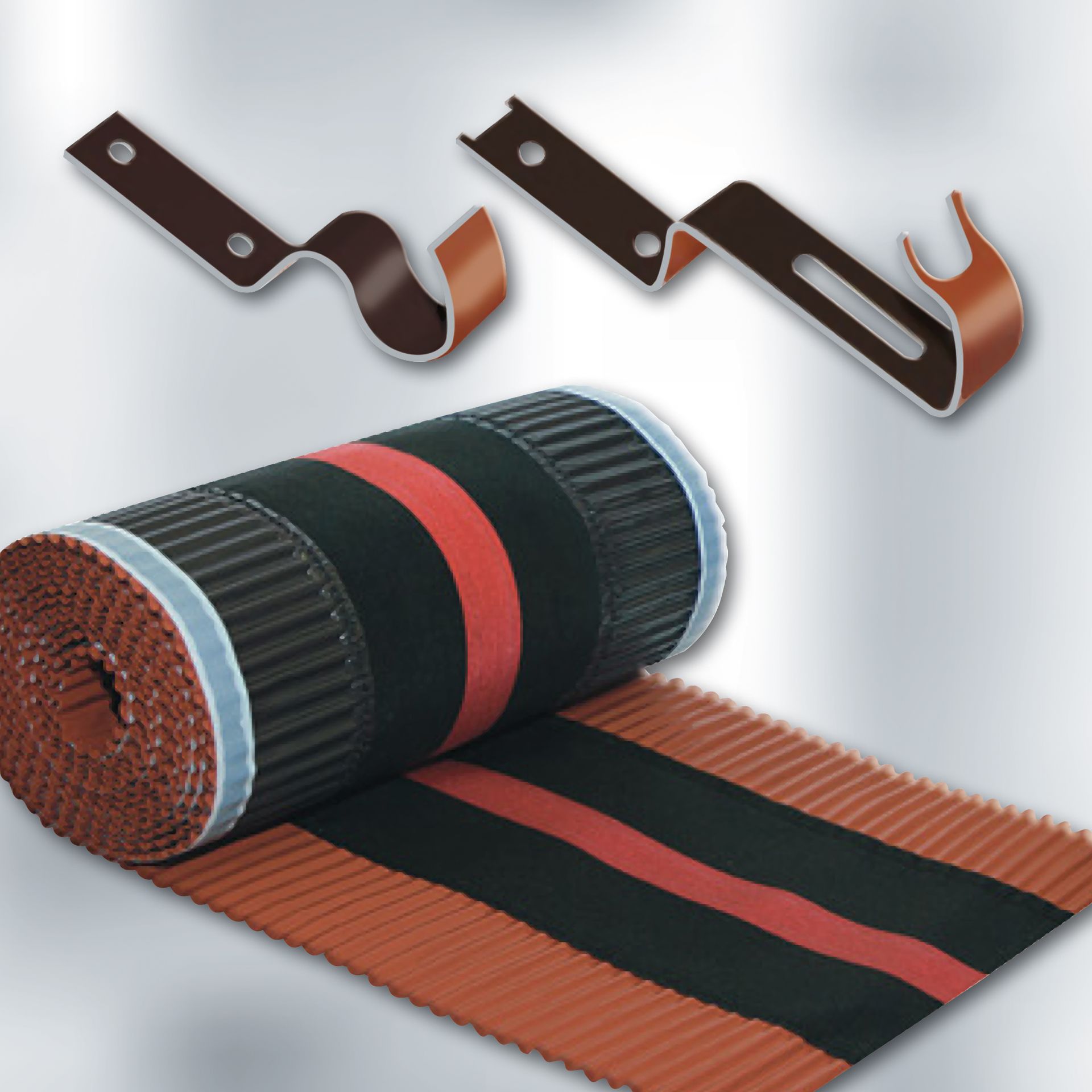 Un rotolo di materiale per coperture a strisce nere e rosse