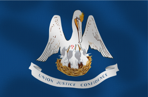 A blue flag with a pelican in a nest and the words union justice confidence