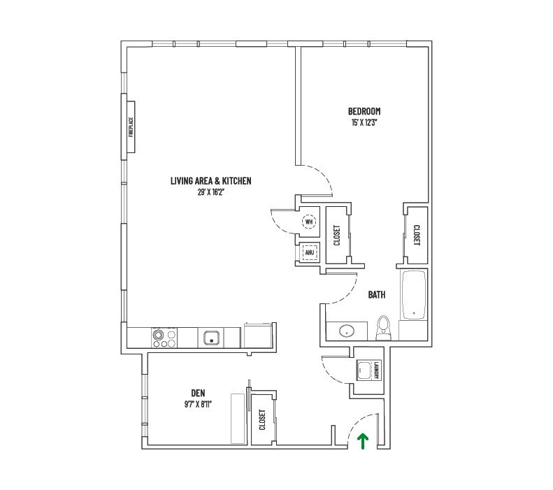 28 MECHANIC1 BED + 1 BATH + DEN  |  UNIT STYLE A = 1,112 SQ FT ±