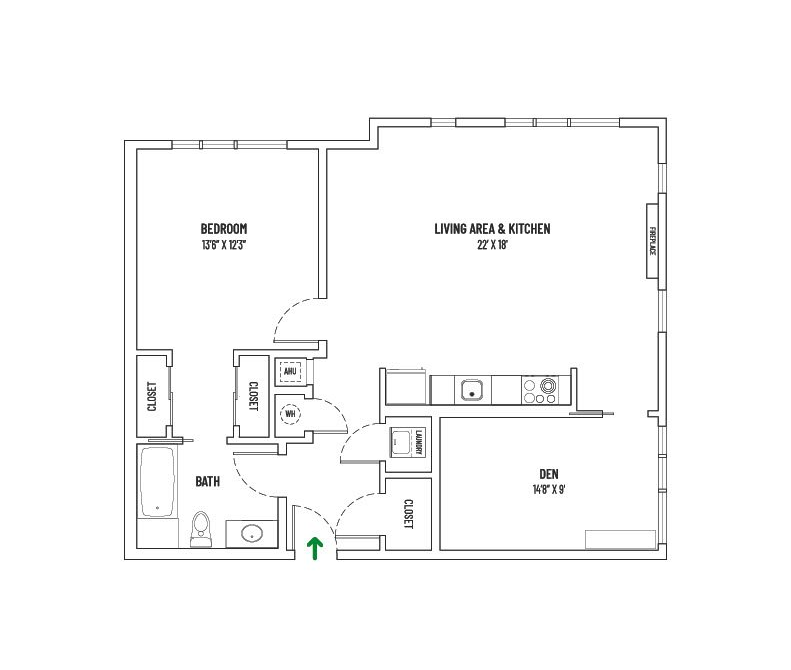 28 MECHANIC 1 BED + 1 BATH + DEN  |  UNIT STYLE D = 1,030 SQ FT ±
