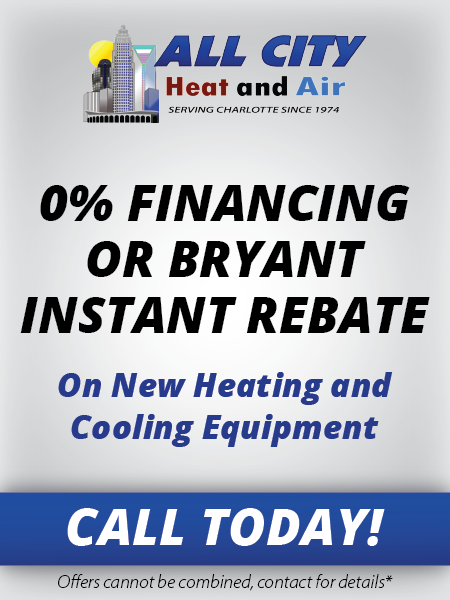 an advertisement for all city heat and air that says 0 % financing or bryant instant rebate on new heating and cooling equipment