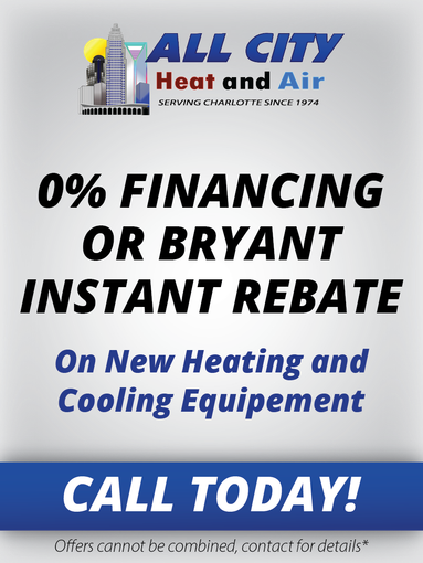 an advertisement for all city heat and air that says 0 % financing or bryant instant rebate on new heating and cooling equipment