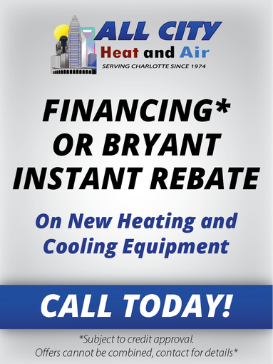 an advertisement for all city heat and air that says 0 % financing or bryant instant rebate on new heating and cooling equipment