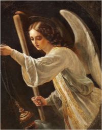 A painting of an angel holding a candle in his hand.