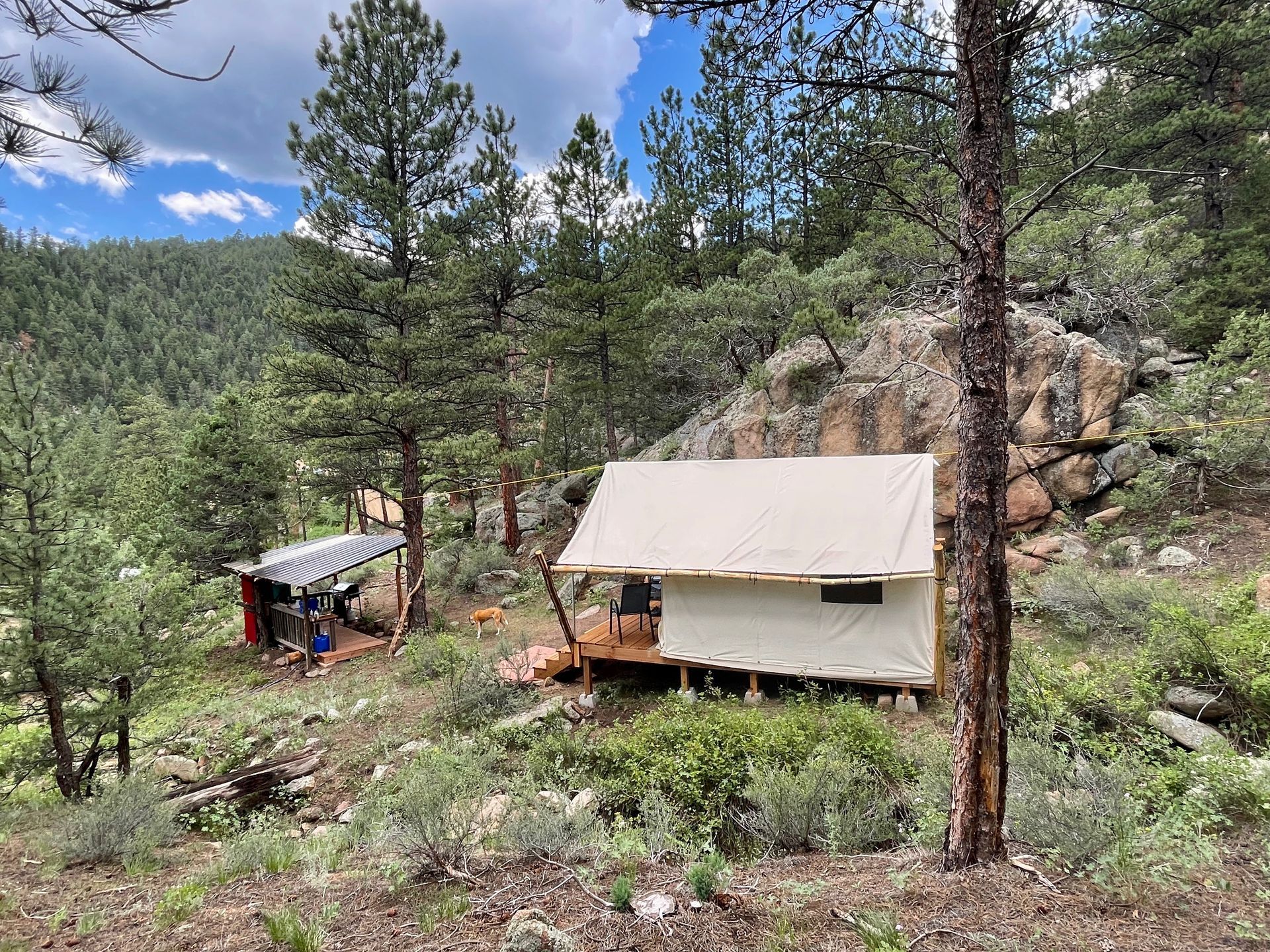 Canvas tent on a wooden platform in a wooded area with another structure under a tarp.