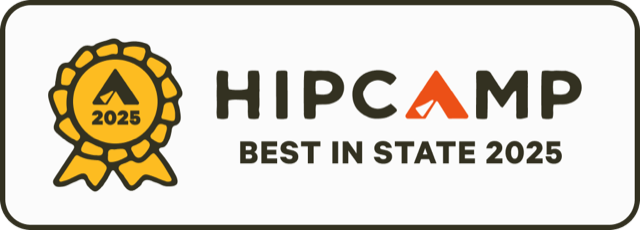 Hipcamp Best in State 2025 badge with a yellow seal and orange tent icon.