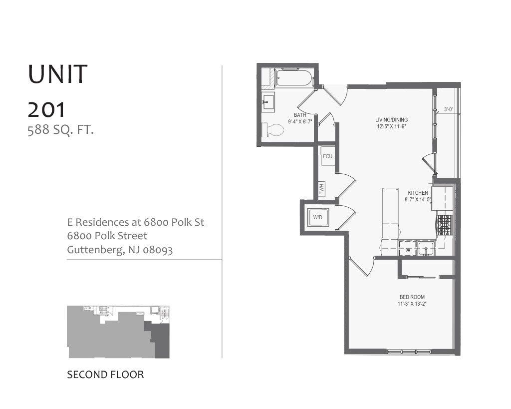 A black and white floor plan of a unit 201 apartment.