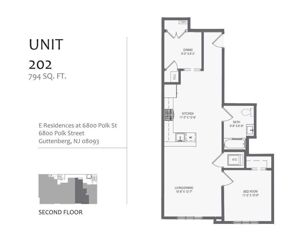 A black and white floor plan of a unit 202 apartment.